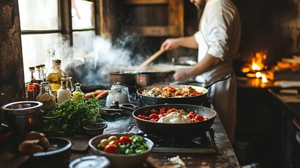 Artisanal food preparation in a rustic kitchen, focusing on handcrafted dishes and fresh ingredients