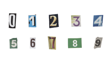 Set of cut-out ransom number from magazines on a transparent background, retro y2k style