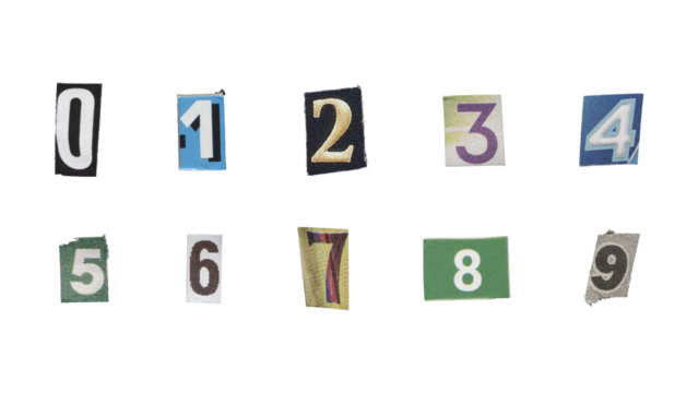 Set of cut-out ransom number from magazines on a transparent background, retro y2k style