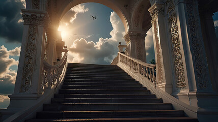 white staircase reaching the sky and leading to the gates of heaven, entrance to paradise, gates of heaven,
