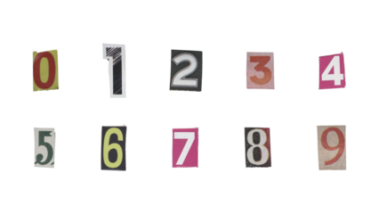 Set of cut-out ransom number from magazines on a transparent background, retro y2k style