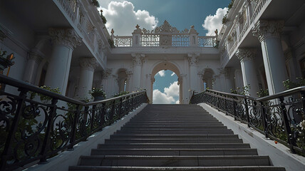 Fototapeta premium white staircase reaching the sky and leading to the gates of heaven, entrance to paradise, gates of heaven,