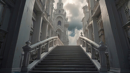 white staircase reaching the sky and leading to the gates of heaven, entrance to paradise, gates of heaven,