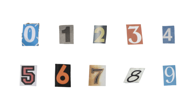 Set of cut-out ransom number from magazines on a transparent background, retro y2k style