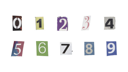 Set of cut-out ransom number from magazines on a transparent background, retro y2k style