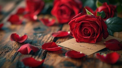 Red rose that is laying on a wooden table, love background, copy space