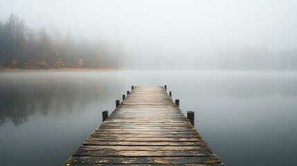 Naklejka premium A wooden dock leading out into a foggy lake, with trees in the background.