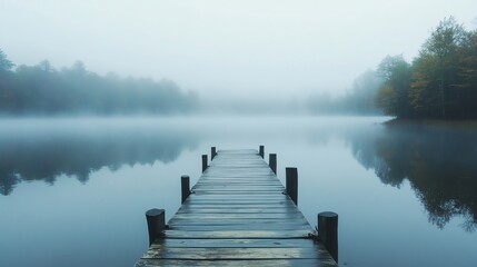 A wooden dock extends out into a tranquil lake shrouded in a thick layer of fog.