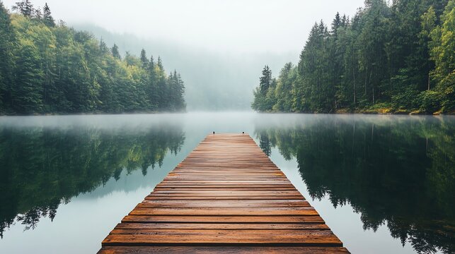 A wooden dock stretching out into a misty lake surrounded by tall trees.