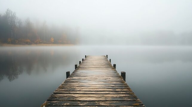 A wooden dock leading out into a foggy lake, with trees in the background. - Powered by Adobe