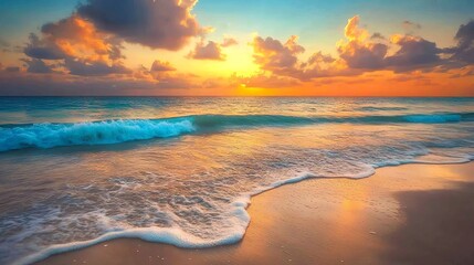 A beautiful beach scene at sunset with a wave crashing on the shore.