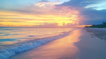 Peaceful beach scene at sunset with vibrant colors in the sky.