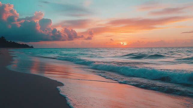 Peaceful ocean sunset with soft, colorful clouds.