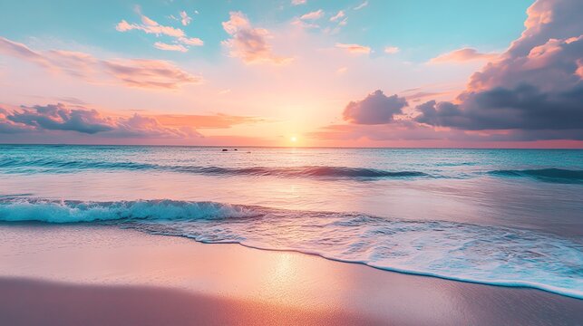 Tranquil beach scene with a soft, pink sunset over the ocean.