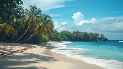Tropical beach with white sand, palm trees, and turquoise water.