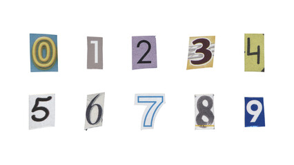 Set of cut-out ransom number from magazines on a transparent background, retro y2k style