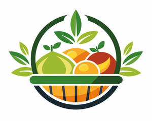 A woven basket overflowing with a variety of fresh fruits and vegetables A logo for a local food pantry that features a stylized fruit basket on white background