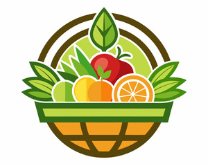 A woven basket overflowing with a variety of fresh fruits and vegetables A logo for a local food pantry that features a stylized fruit basket on white background