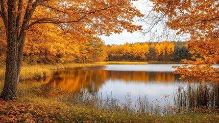 Naklejka premium A tranquil scene of a still lake surrounded by vibrant fall foliage.