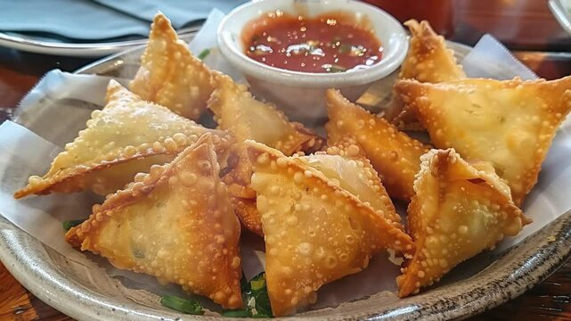 Fried rangoon on the table moves with smoke around