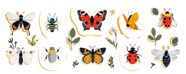 Adorable insect stickers set with butterflies, bees, and ladybugs, perfect for bug-themed projects and nature journals, flat stickers set, vector illustration.