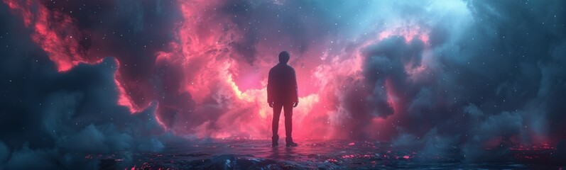 Obraz premium Someone standing in the middle of a field with a red sky