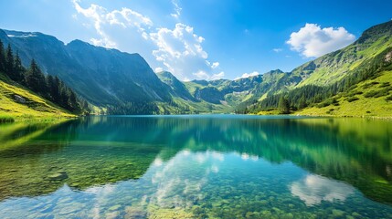 Fototapeta premium A stunning mountain lake reflecting the blue sky and white clouds.