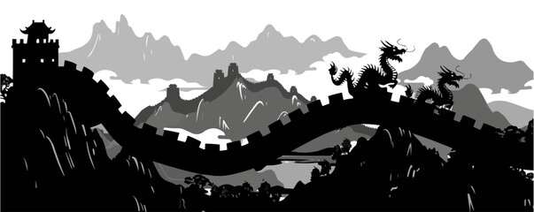 Ancient China, Great Wall, dragons, and warriors, cultural heritage silhouettes, black silhouette, vector illustration, flat style.