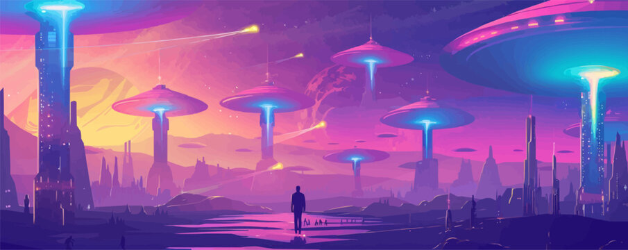 Alien invasion, UFOs and extraterrestrial beings, sci-fi scene, neon style, vector illustration, flat style.