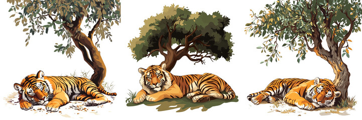 set of A 3D croton Tiger resting under a tree, illustration on a transparent background pang 