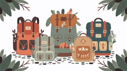 Naklejka premium Cute backpacks for camping and forest illustration isolated illustration on white background.