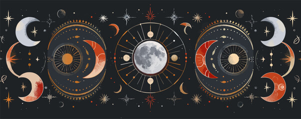 Obraz premium Abstract moon phases with stars and celestial elements, cosmic cycle, vector illustration for t-shirt, flat style.