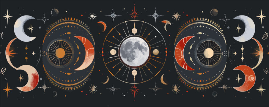 Abstract moon phases with stars and celestial elements, cosmic cycle, vector illustration for t-shirt, flat style.