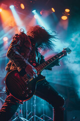 Vintage rock guitarist with long hair, leather, and stage lights playing a solo– retro 80's 90's band style