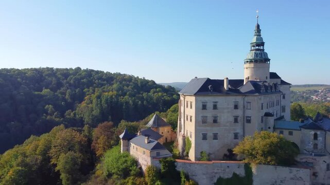 Frydlant chateaux and castle in Northern Bohemia, Czechia. Aerial 4K footage