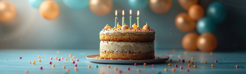 Birthday cake with candles on it sitting on a plate, food background, banner, copy space