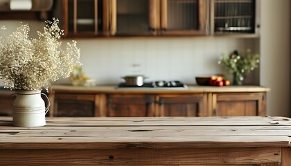 Rustic vintage kitchen table setting with warm tones and a blurred wooden counter, showcasing a...