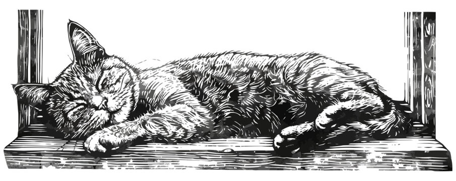 Cat sleeping on a windowsill sketch engraving vector illustration. Scratch board imitation. Black and white image. Vector