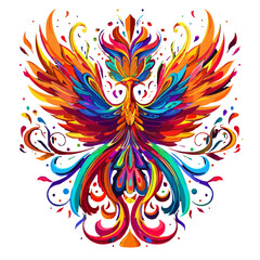 Artistic phoenix rising from flames with vibrant feathers, mythical rebirth, vector illustration for t-shirt, flat style.