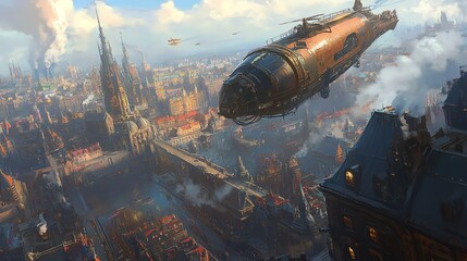 A steampunk airship flies over a bustling city with tall, intricate buildings.