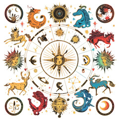 Artistic zodiac signs with celestial elements and star constellations, astrology themed, vector illustration for t-shirt, flat style.