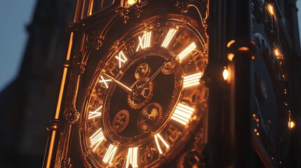 Fototapeta premium A close-up of a large, ornate clock face with glowing Roman numerals and intricate gears.