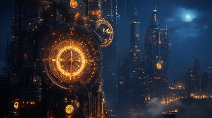 A steampunk clock tower glows brightly against a dark cityscape under a full moon.