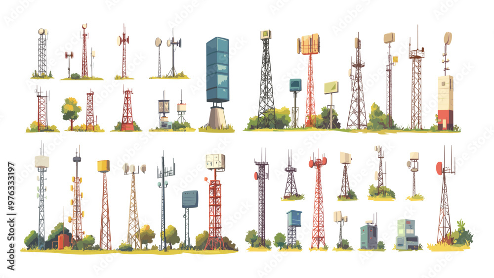 Wall mural cartoon wireless towers. 5g 4g lte antenna and transmitters constructions, telecommunication radio t