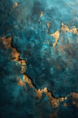 Rusty blue and gold paint on a wall with a cracky surface