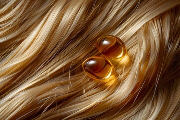 Fototapeta premium Luxurious Hair Care: Golden Capsules on Silky Strands