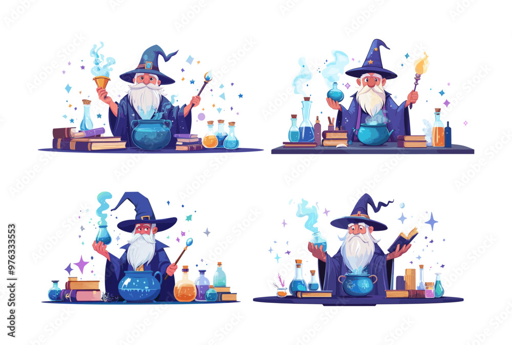 Canvas Prints Cartoon wizard in magic laboratory. Sorcerer elderly bearded man with cone hat and wand, boiling cauldron spell books chemistry glass flasks making alchemy potions brews, isolated illustrations