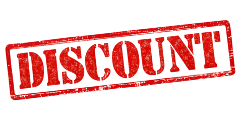 Discount red rubber stamp isolated on transparent background or white background with distressed texture effect