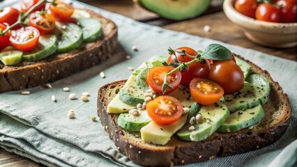 A slice of toasted sour dough bread with avocado and tomato on top
