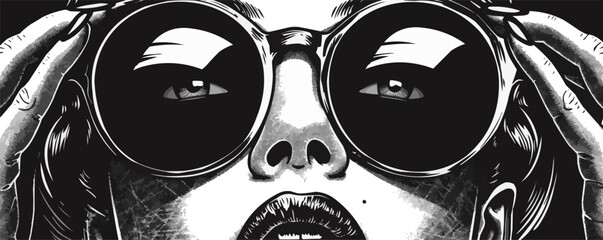 Classic pin-up opera glasses, vector illustration, pin-up style, imitation of a scratch board, black and white image.